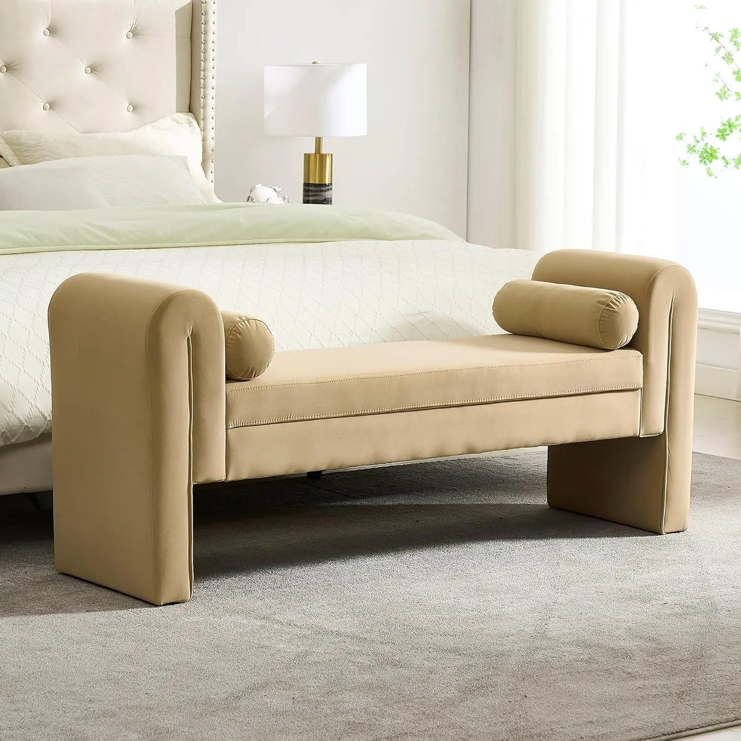 Storage Bench for Bedroom End of Bed, 65" Velvet Upholstered Rolled Armed Button Tufted Stool Bench, Storage Ottoman