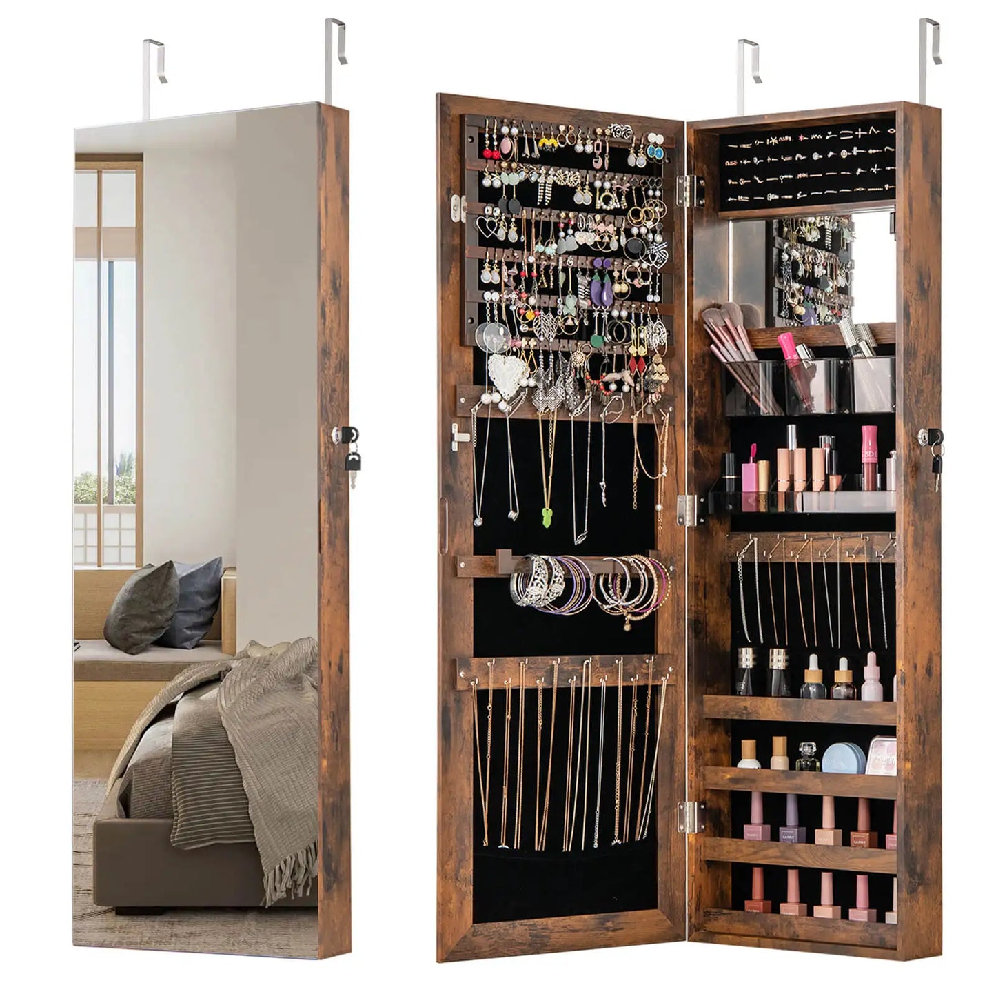 43.5" Jewelry Mirror Cabinet w/ Full-length Mirror & Interior Makeup Mirror