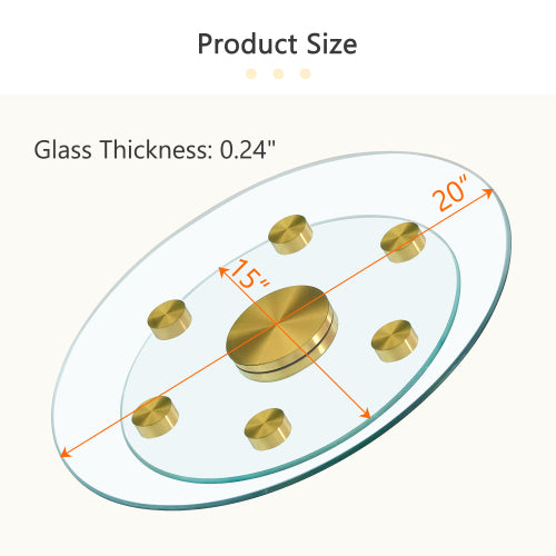 Double layer rotatable round glass.Golden aluminum plate,The rotatable design makes it convenient to retrieve and place items.The upper glass has a diameter of 20 inches,the lower glass15 inches.