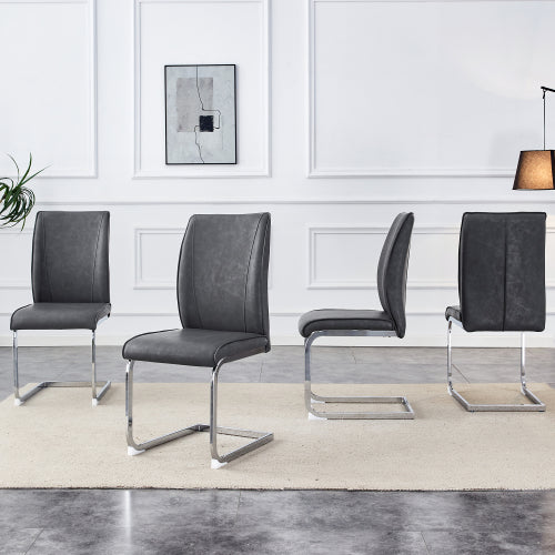 Luxury Simple Arch Chair - Set of 4 Dark Gray PU Material High Resilience Dining Chair with Arched Metal Silver Leg.Crazy Horse Texture PU Dining Chairs.