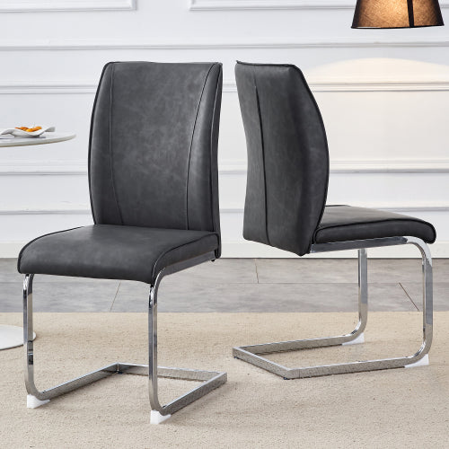 Luxury Simple Arch Chair - Set of 4 Dark Gray PU Material High Resilience Dining Chair with Arched Metal Silver Leg.Crazy Horse Texture PU Dining Chairs.