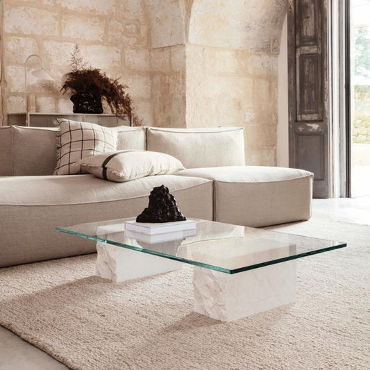 Mineral Coffee Marble Base Table – Elegant Fusion of Stone and Glass for Modern Living Spaces